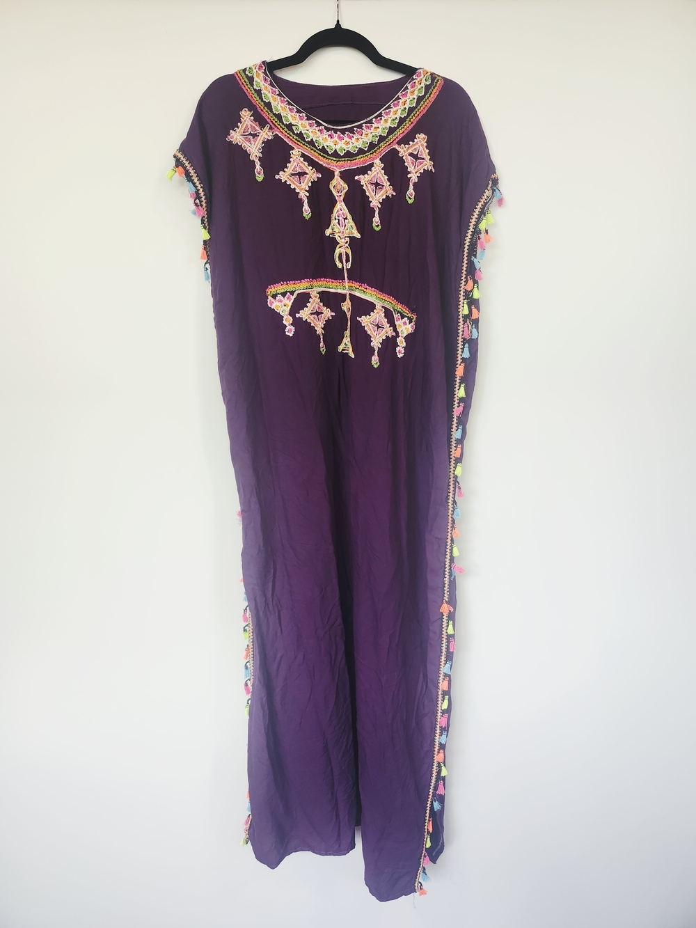 Embroidered Purple Kaftan with Multicolor Tassel Trim ONESIZE